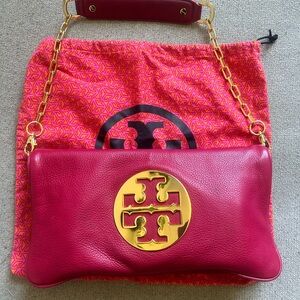 Tory Burch Fuschia Leather Folding Handbag with Gold Accent